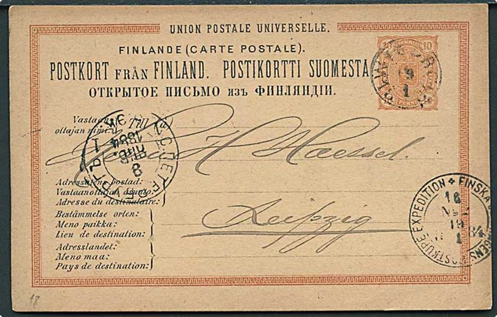10 pen helsagsbrevkort fra Wiborg d. 19.1.1884 via bureau Finska Järnvägnes Postkupé Expedition No. 2 og St. Petersborg til Leipzig, Tyskland.