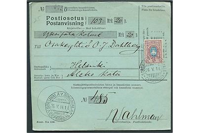 40 pen. Våben single på postanvisning annulleret med 3-sproget stempel i Sortavala d. 26.5.1914 til Helsinki.
