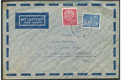 BDR 20 pfg. Heuss og Berlin 40 pfg. Charlottenburg på luftpostbrev fra Lübeck d. 23.5.1958 til Chicago, USA.