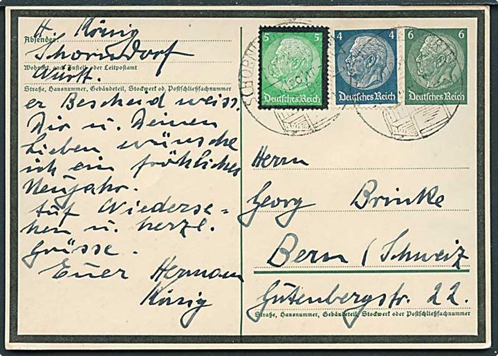 6 pfg. Hindenburg sørge-helsagsbrevkort opfrankeret med 4 pfg. Hindenburg og 5 pfg. Hindenburg sørge-udg. fra Schorndorf d. 26.12.1934 til Bern, Schweiz.
