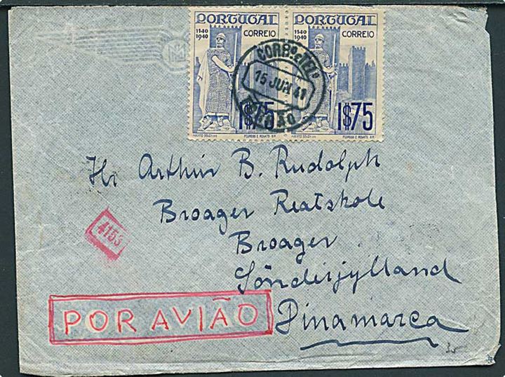 1$75 i parstykke på luftpostbrev fra Torrao d. 15.6.1941 til Broager, Danmark. Åbnet af tysk censur.