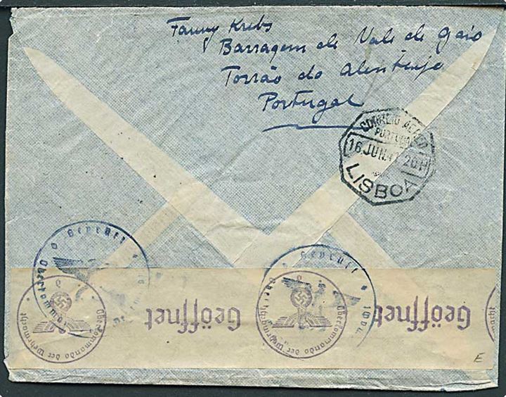1$75 i parstykke på luftpostbrev fra Torrao d. 15.6.1941 til Broager, Danmark. Åbnet af tysk censur.