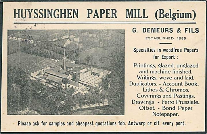 Reklamekort fra Huyssinghen Paper Mill, Belgien. U/no.