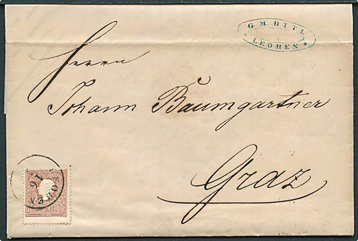 10 kr. Franz Joseph single på brev fra Leopen d. 16.11.1859 til Graz.