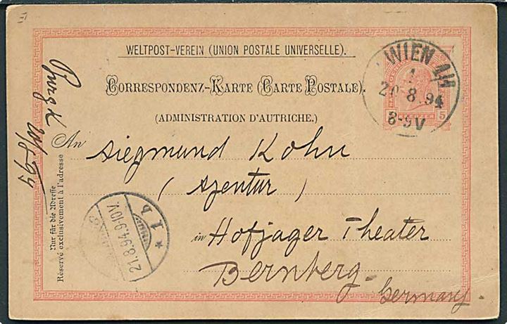 5 kr. helsagsbrevkort fra Wien d. 20.8.1894 til Bernberg, Tyskland. På bagsiden reklame for artisten: Major Burk la sensation militaire.