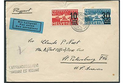 10/20 c. og 30/90 c. Luftpost provisorium på luftpostbrev fra Zürich d. 16.10.1936 til St. Petersburg, USA. Stemplet l'affranchissement manquant est réclame (Manglende porto opkrævet).