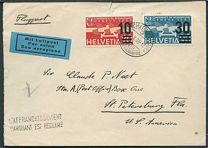 10/20 c. og 30/90 c. Luftpost provisorium på luftpostbrev fra Zürich d. 16.10.1936 til St. Petersburg, USA. Stemplet l'affranchissement manquant est réclame (Manglende porto opkrævet).