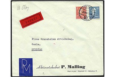 20 øre rød og 40 øre blå Chr. X på expres brev fra København d. 7.10.1943 til Gemla, Sverige. Dansk censur.