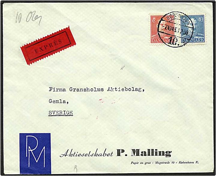 20 øre rød og 40 øre blå Chr. X på expres brev fra København d. 7.10.1943 til Gemla, Sverige. Dansk censur.
