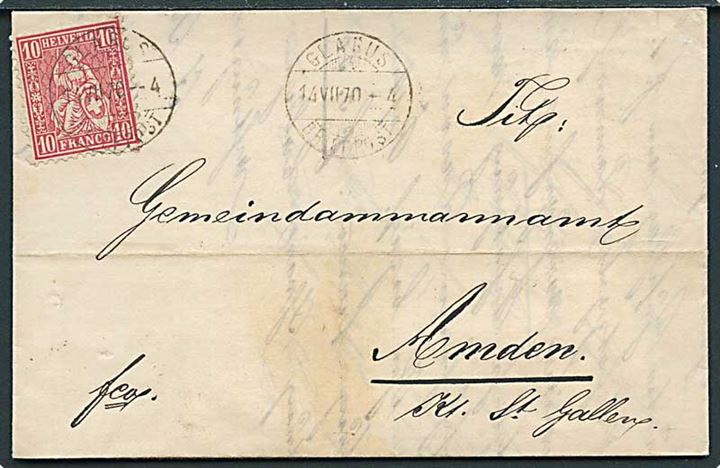 10 c. Helvetia single på brev fra Glarus d. 14.7.1870 til Amden.