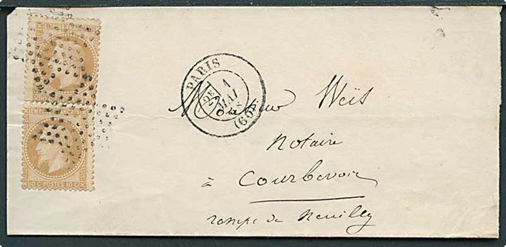 10 c. Napoleon III (2) på brev annulleret med stumt stjernestempel fra Paris d. 1.5.1868 til Courbevoie.
