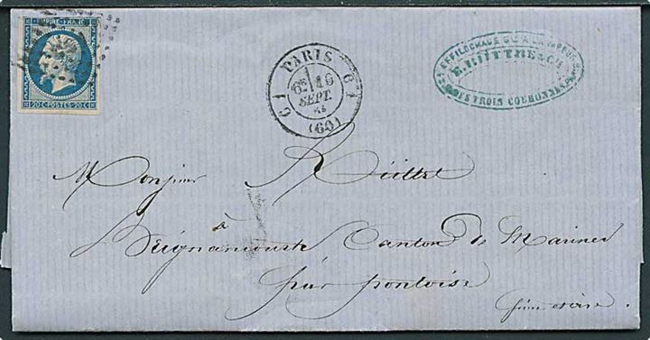 20 c. Napoleon III utakket på brev annulleret med svagt nr.stempel fra Paris d. 10.9.1861 til Maines.