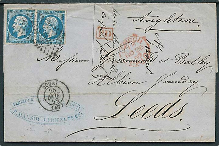 20 c. Napoleon III utakket i parstykke på brev annulleret med nr.stempel 1127 og sidestemplet Douai d. 25.11.1859 via London til Leeds, England.