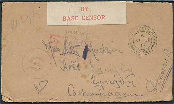 Ufrankeret britisk feltpostbrev stemplet Field Post Office D.21 d. 13.12.1917 (= 30th Division, Ypres, Belgien) til Lyngby, Danmark. Både unit og base censur, samt stort S stempel vedr. post til neutrale lande.
