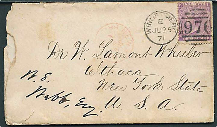 6d Victoria plate 8 på brev med duplex Windermere/970 d. 25.6.1871 via New York til Ithaca, USA.