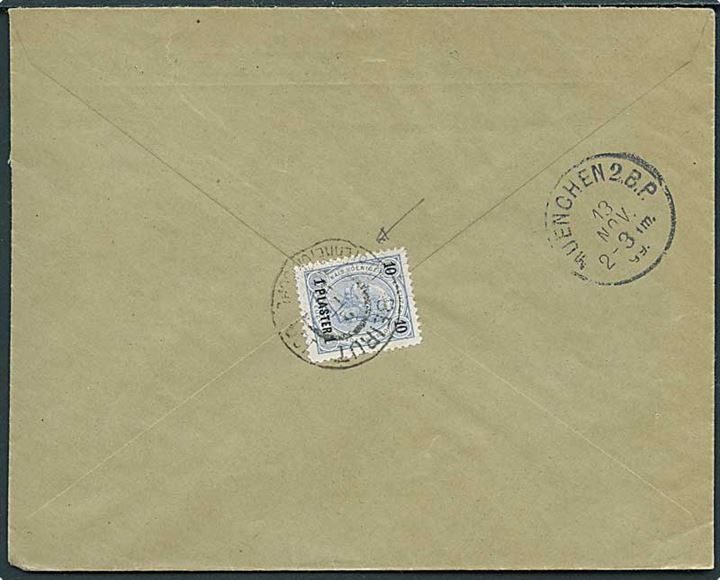 Østrigsk Levant. 1 pia./10 h. Franz Joseph provisorium på bagsiden af brev stemplet Beirut Oesterreichische Post d. 2.11.1899 til München, Tyskland.