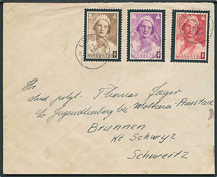 25+15 c., 50+10 c. og 1 fr.+25 c. Dr. Astrid sørge udg. på brev fra Liege d. 21.6.1936 til Brunnen, Schweiz.