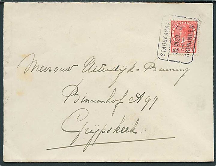 7½ c. Wilhelmina på brev annulleret med bureaustempel Stadskanaal - Groningen d. 30.7.1929 til Grijpskerke.