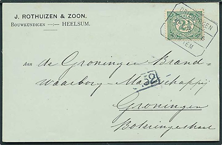 2½ c. Ciffer på brevkort fra Heelsum annulleret med bureaustempel Driebergen - Arnhem d. 10.5.1915 til Groningen.