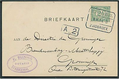 2½ c. Ciffer på brevkort fra Stadskanaal annulleret med bureaustempel Stadskanaal - Zuidbroek d. 8.10.1914 til Groningen.
