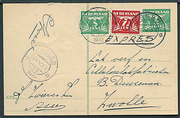 5 c. helsagsbrevkort opfrankeret med 5 c. og 7½ c. sendt som ekspres fra Assen d. 19.5.1942 til Zwolle.