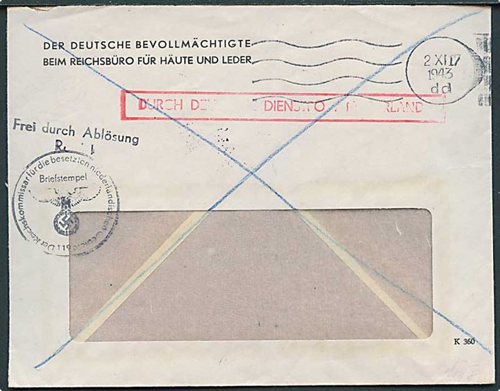 Ufrankeret tysk tjenestebrev med stumt stempel d. 2.11.1943 fra Der Deutsche Bevollmächtigte beim Reichsbüro für Häute und Leder.