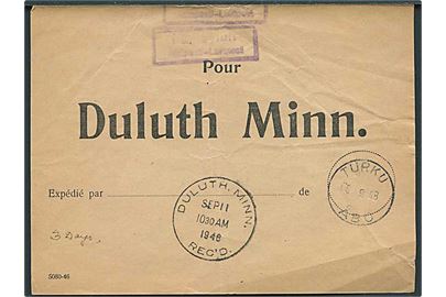 Brevbundt vignet for luftpost fra Turku d. 6.9.1948 til Duluth. Minn., USA.