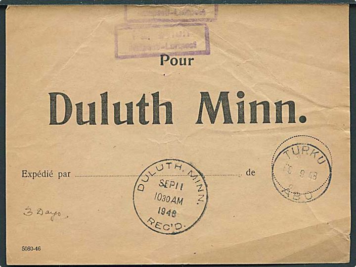 Brevbundt vignet for luftpost fra Turku d. 6.9.1948 til Duluth. Minn., USA.