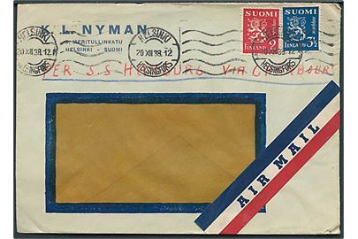 2 mk. og 3½ mk. Løve på rudekuvert sendt som luftpost fra Helsingfors d. 20.12.1938. Påskrevet: per s.s. Hamburg via Cherbourg.
