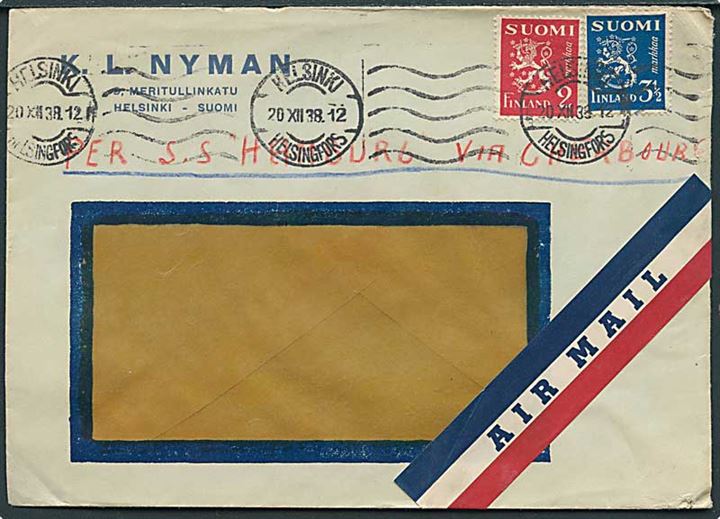 2 mk. og 3½ mk. Løve på rudekuvert sendt som luftpost fra Helsingfors d. 20.12.1938. Påskrevet: per s.s. Hamburg via Cherbourg.