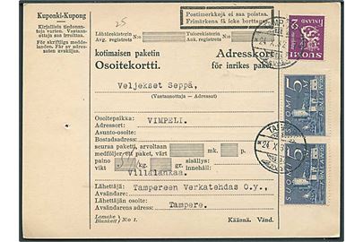 2 mk. Løve og 5 mk. Olofsborg (par) på adressekort for pakke fra Tampere d. 24.10.1932 til Vimpale.