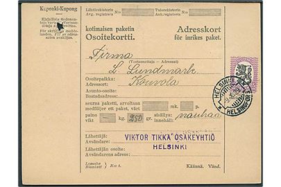 5 mk. Løve single på adressekort for pakke fra Helsingfors d. 9.10.1929 til Kouvola.