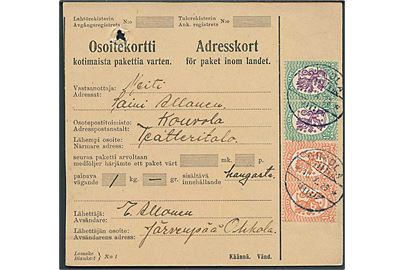1 mk. (par) og 1½ mk. (par) Løve på adressekort for pakke fra Ohkola d. 10.10.1929 til Kouvola.