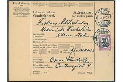 5 mk. Løve single på adressekort for pakke fra Helsingfors d. 26.4.1929 til Fiskars.