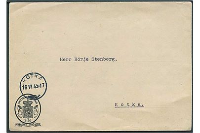 3,50 mk. helsagskuvert sendt lokalt i Kotka d. 16.6.1945.