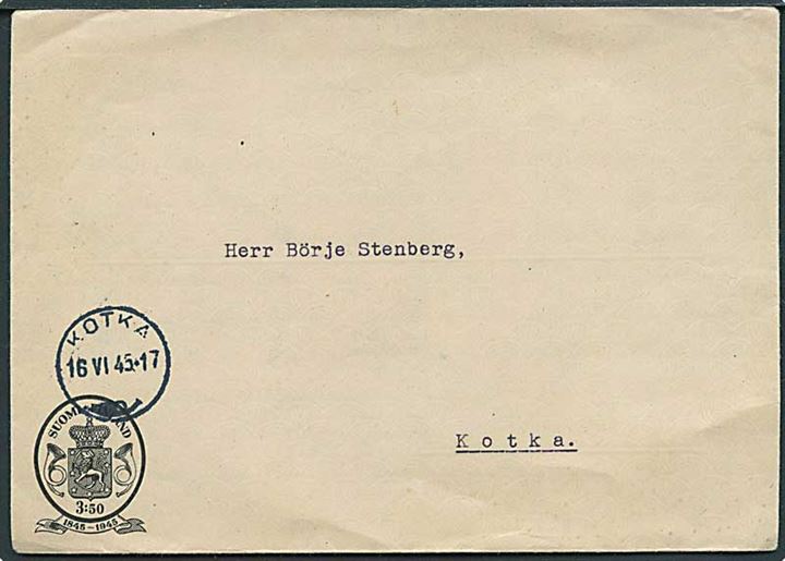 3,50 mk. helsagskuvert sendt lokalt i Kotka d. 16.6.1945.
