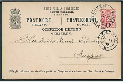10 pen. helsagskuvert fra Helsingfors annulleret med bureaustempel Finska Postkupén d. 27.11.1892 til Kuopio.