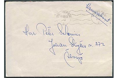 Ufrankeret brev påskrevet: Karusellbrevet fra Stockholm d. 2.12.1963. Det svenske postvæsen tillod portofrihed for alle breve afsendt d. 1.12.1963 hvis de var påskrevet Karuselbrev.