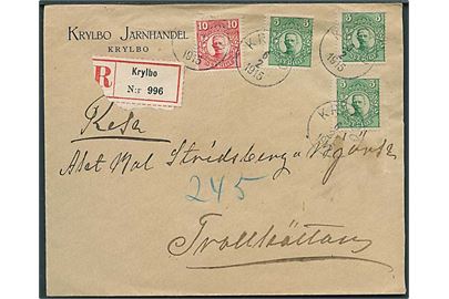 5 öre (3) og 10 öre Gustaf på anbefalet brev fra Krylbo d. 6.2.1915 til Trollhättan.