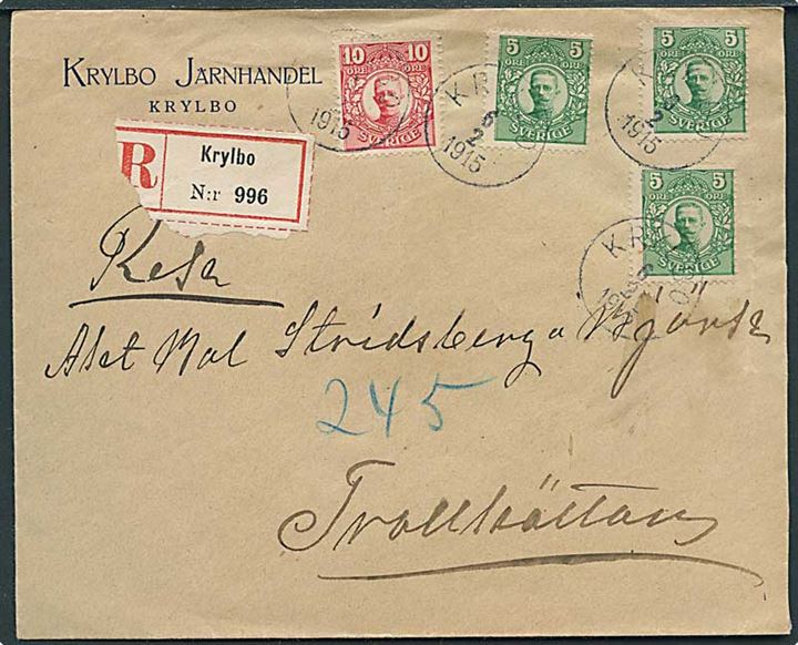 5 öre (3) og 10 öre Gustaf på anbefalet brev fra Krylbo d. 6.2.1915 til Trollhättan.