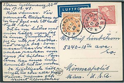 5 öre, 20 öre (2) Gustaf på luftpost brevkort fra Stockholm d. 17.12.1948 til Minneapolis, USA.