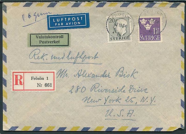 20 öre Gustaf og 1,10 kr. Tre Kroner på anbefalet luftpostbrev fra Frösön d. 2.10.1954 til New York, USA.