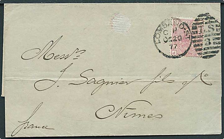 2½d Victoria plate 8 på brev annulleret med duplex Lambard St./L.S.3 d. 20.10.1877 til Nimes, Frankrig.