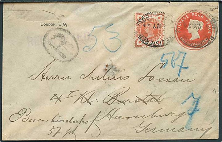 4d Vistoria privat helsagskuvert opfrankeret med ½d Victoria sendt anbefalet fra London d. x.5.1894 til Hamburg, Tyskland. Afs. bortklippet af kuvert.