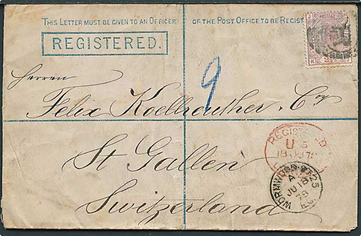 Victoria anbefalet helsagskuvert opfrankeret med 2½d plate 11 fra Wormwood St. London d. 18.6.1878 til St. Gallen, Schweiz.