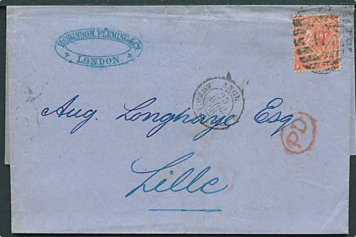 4d Victoria plate 9 på brev annulleret med nr.stempel 47 fra London d. 24.4.1868 til Lille, Frankrig.