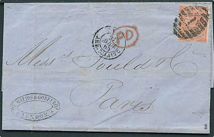4d Victoria på brev annulleret med nr.stempel 1 fra London d. 26.4.1865 til Paris, Frankrig.