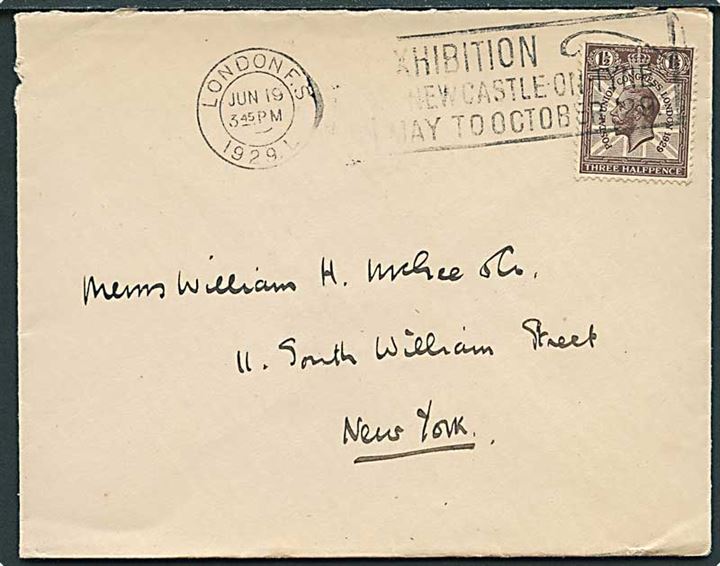 1½d George V UPU Congress single på brev fra London d. 19.6.1929 til New York, USA.