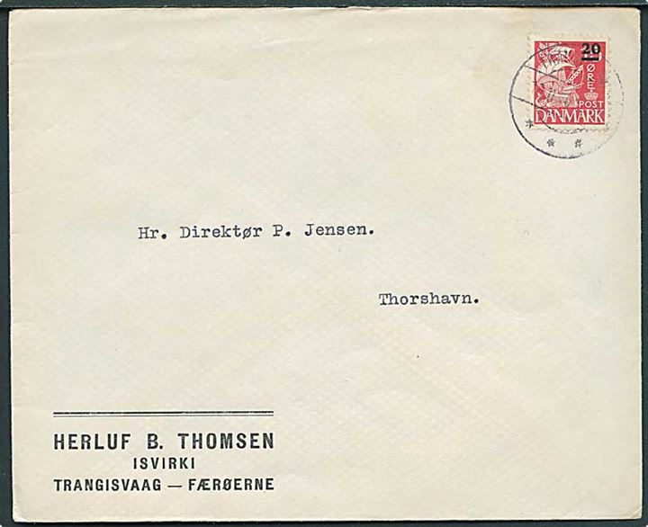 20/15 øre Provisorium på fortrykt firmakuvert fra Trangisvaag d. 16.11.1940 til Thorshavn.