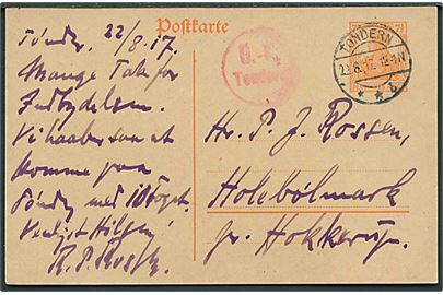 7½ pfg. Germania helsagsbrevkort stemplet Tondern **b d. 22.8.1917 til Holebølmark pr. Hokkerup. Rødt censurstempel Ü.-K. Tondern.